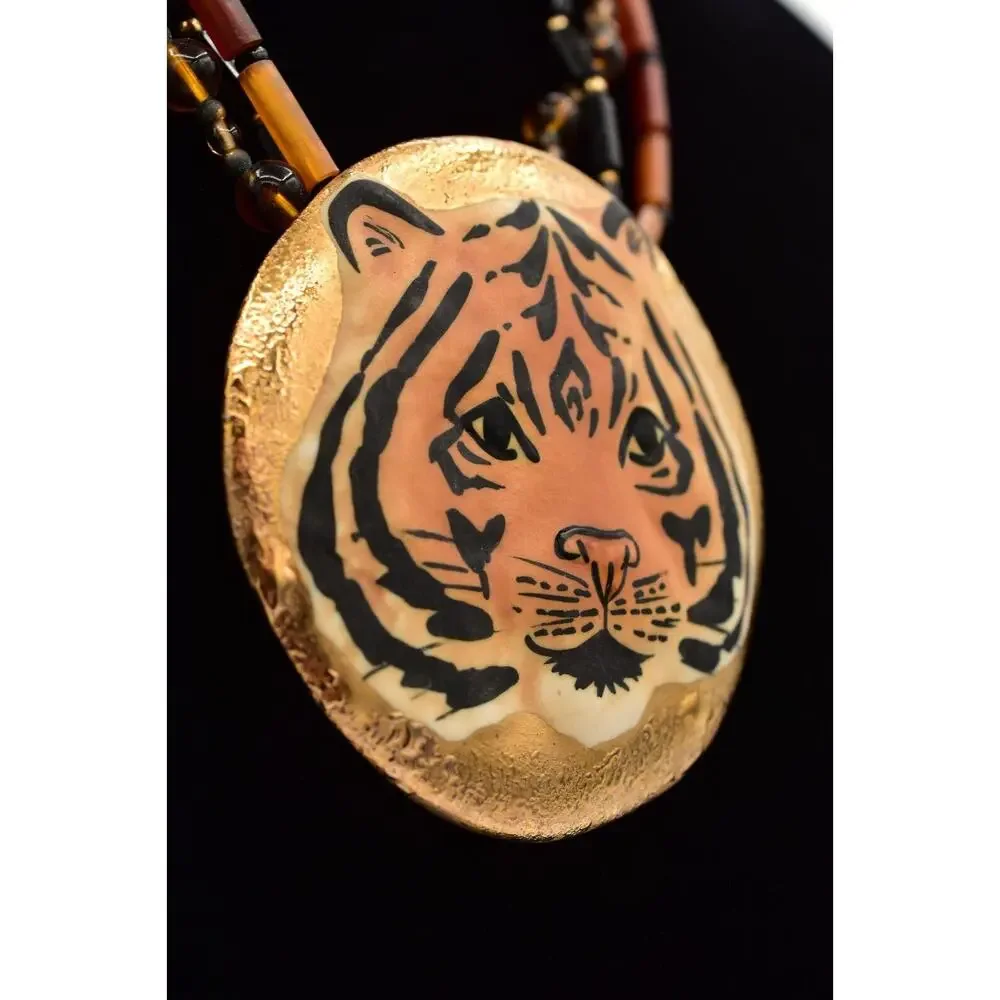 Carol Halmy Vintage Ceramic Beaded Necklace Hand Made Tiger Golden Signed Bin4A